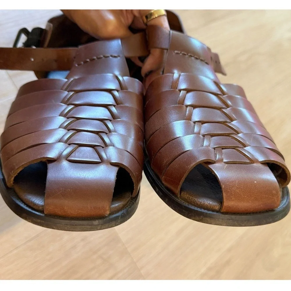 Pronto Uomo Mens 9M Brown Genuine Leather Woven Fisherman Sandals Buckle Summer